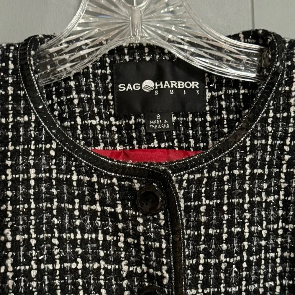 SAG HARBOR Black White Metallic Silver Woven Jacket / Blazer Sequin Trim Size 8